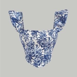 Floral Blue and White Ruffle Sleeve Top